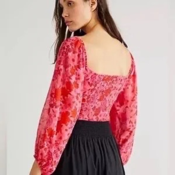 Oh Lala Rosette Long Sleeve Floral Top Pink Combo Sweetheart milkmaid ruched - Picture 3 of 5